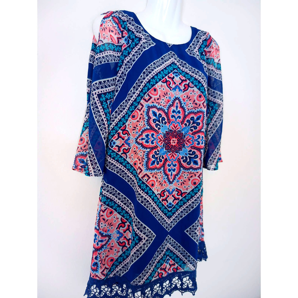 Red Camel Boho Mandala Slit Sleeve Lace Hem Dress - Picture 3 of 9